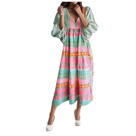 QYZEU Women Spring Outfit Print Long Maxi Dresses for Women Women Fashion Elegant Dress Vintage V Neck High Waist Puff Sleeve Long Maxi Beach Dresses Pink S