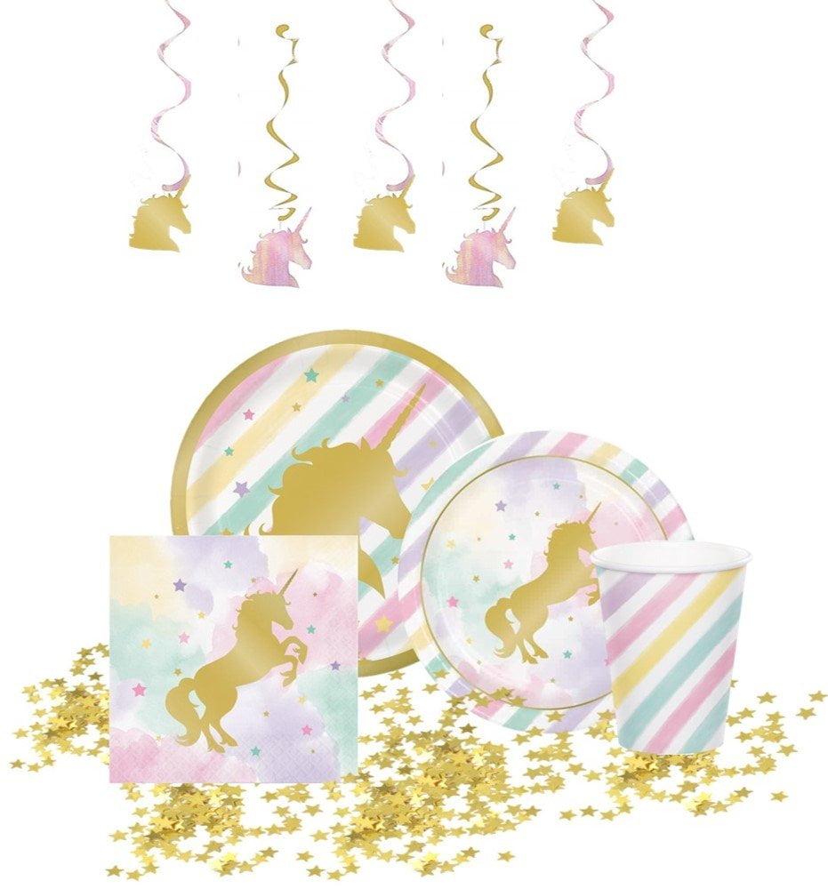 Kedudes Unicorn Party Supplies - 8 Unicorn Dinner Plates, 8 Unicorn Dessert Plates, 8 Napkins with Gold Foil, 8 Cups, 5 Hanging Swirls And 1 Package Of Gold Star Confetti