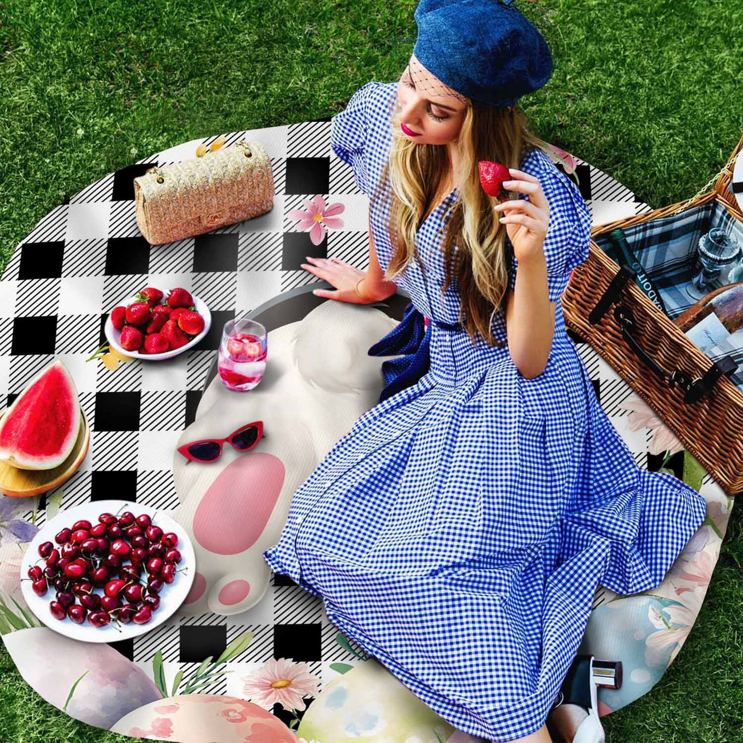 Round Tablecloth Easter Bunny Tail Waterproof Oil Proof Polyester Table Cloth Cover Decor for Home Dining Outdoor,Patio,Parties, 54" Dia. Color Eggs Spring Flowers Black White Plaid