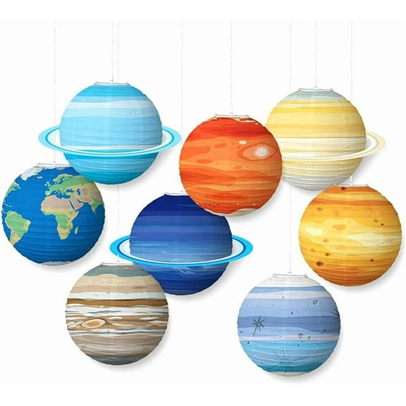 8PCS Planet Paper Lanterns, Solar System Space Theme Lantern Hanging Decorations for Kids Room Birthday Party Favors