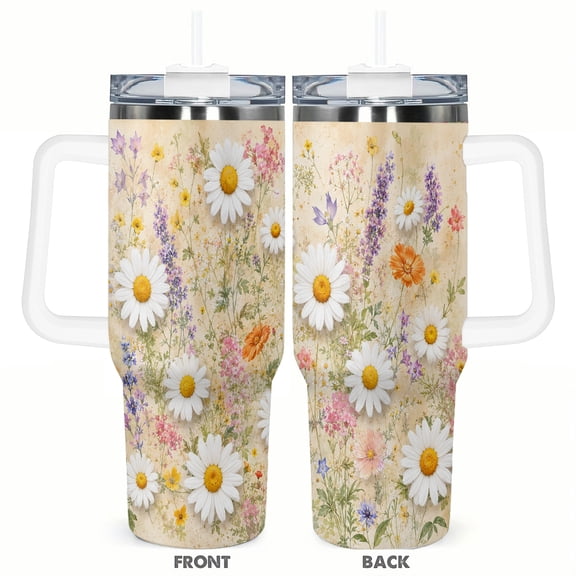 40oz Vintage Daisy Wildflower Insulated Tumbler with Handle and Straw Floral Travel Coffee Cup Gift