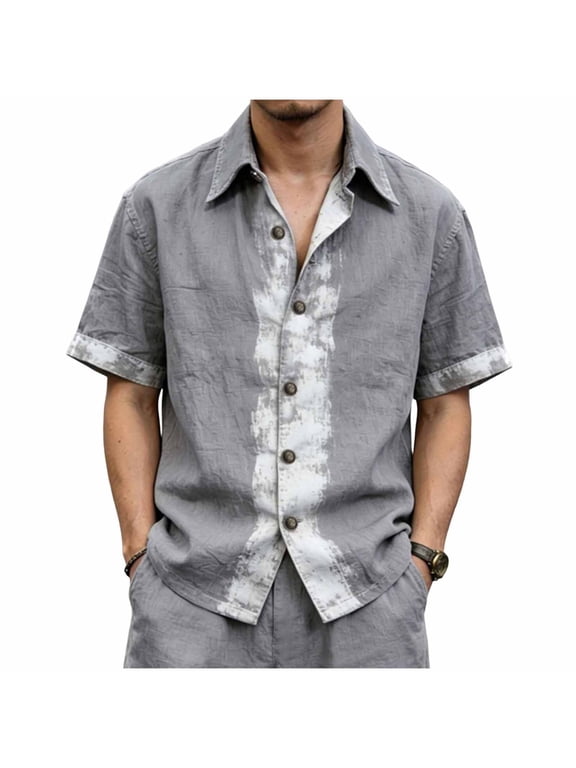 Mens Short Sleeve Camp Collared Tie Dye Trim Full Button Woven Shirt, Loose Light Top for Beach Vacations & Casual City Walks Dark Gray XXXL