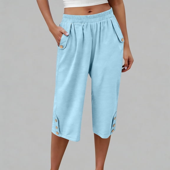 Linen Capri Pants for Women Elastic Waist Straight Leg Trousers Solid Color Summer Casual Loose Cropped Pants,Sizes S-3XL