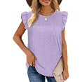 thumbnail image 3 of Playeras,Blusas y Tops,Ropa para Mujer Verano Tops Camiseta sin mangas con volantes y costuras de tela jacquard hueca de cuello redondo para mujer (Purple, M), 3 of 4