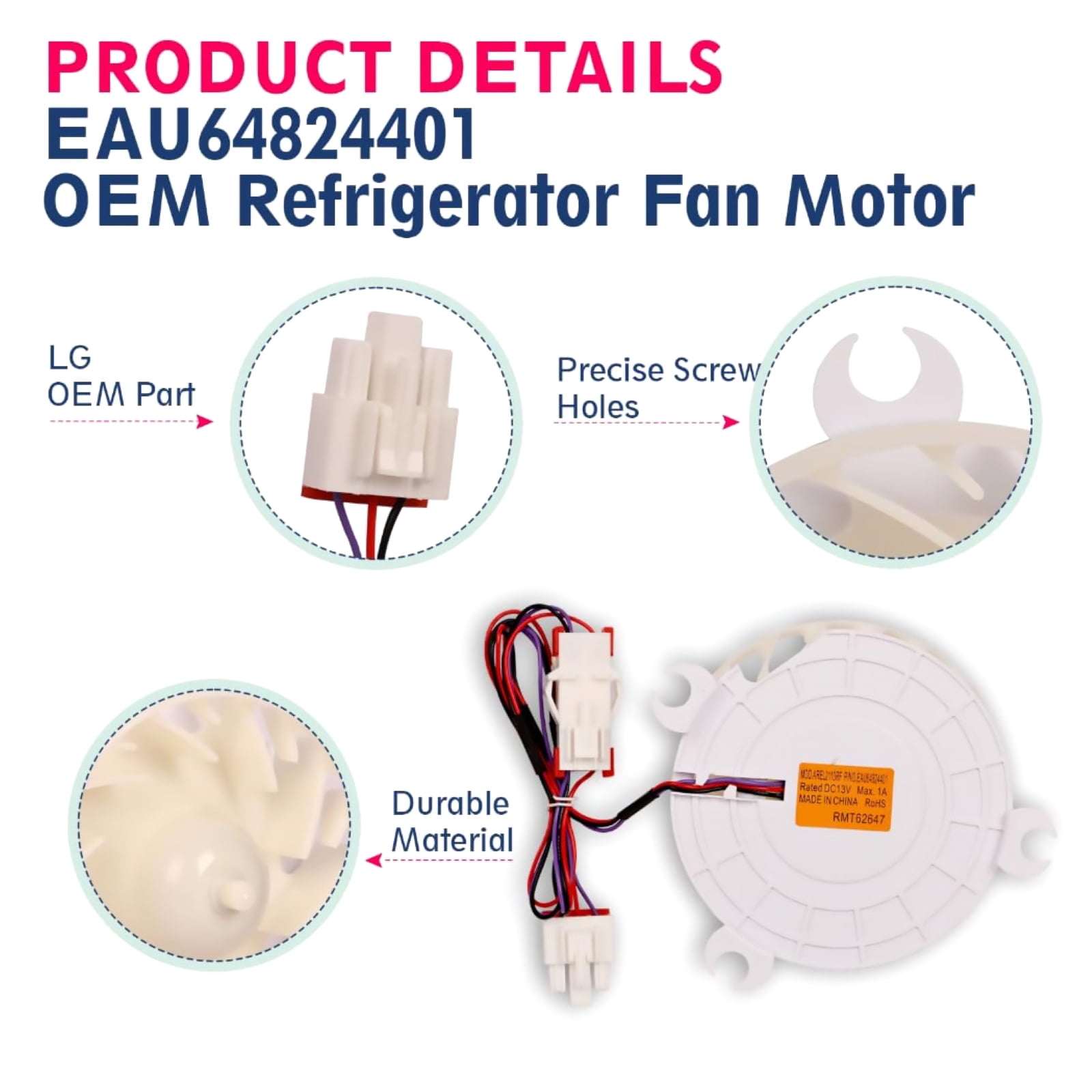 Refrigerator Fan Motor EAU64824401 Quality Replacement for LG and Kenmore Models, Ensures Efficient Cooling Motor