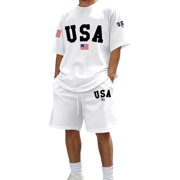 IWRICH Men's 4th of July Independence Day Outfits USA Flag Short Sleeve Shirts and Shorts Set 2 Piece Athletic Jogging Tracksuits White XL