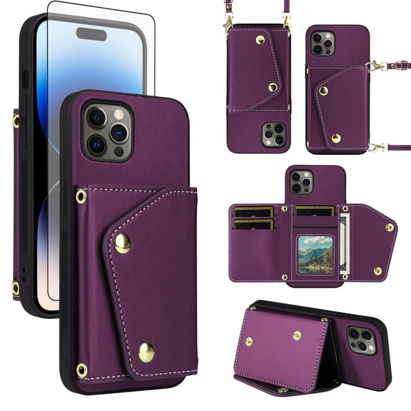 Furiet Luxury Wallet Case for iPhone 13 Pro 6.1 inch Tempered Glass Card Slot Slim Flip Purse Shoulder Strap Card Holder Stand Phone Cover for iPhone13Pro 5G i i-Phone i13 iPhone13 13Pro Deep Purple