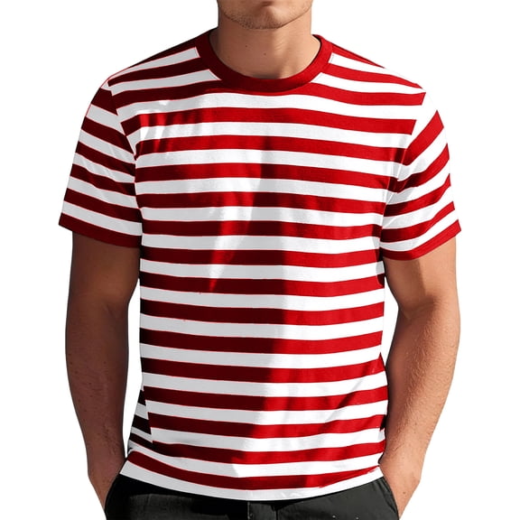 LWavelet Striped Men's Short Sleeve T-Shirt Lightweight Perfect for Summer Casual and Everyday Wear Red 3XL