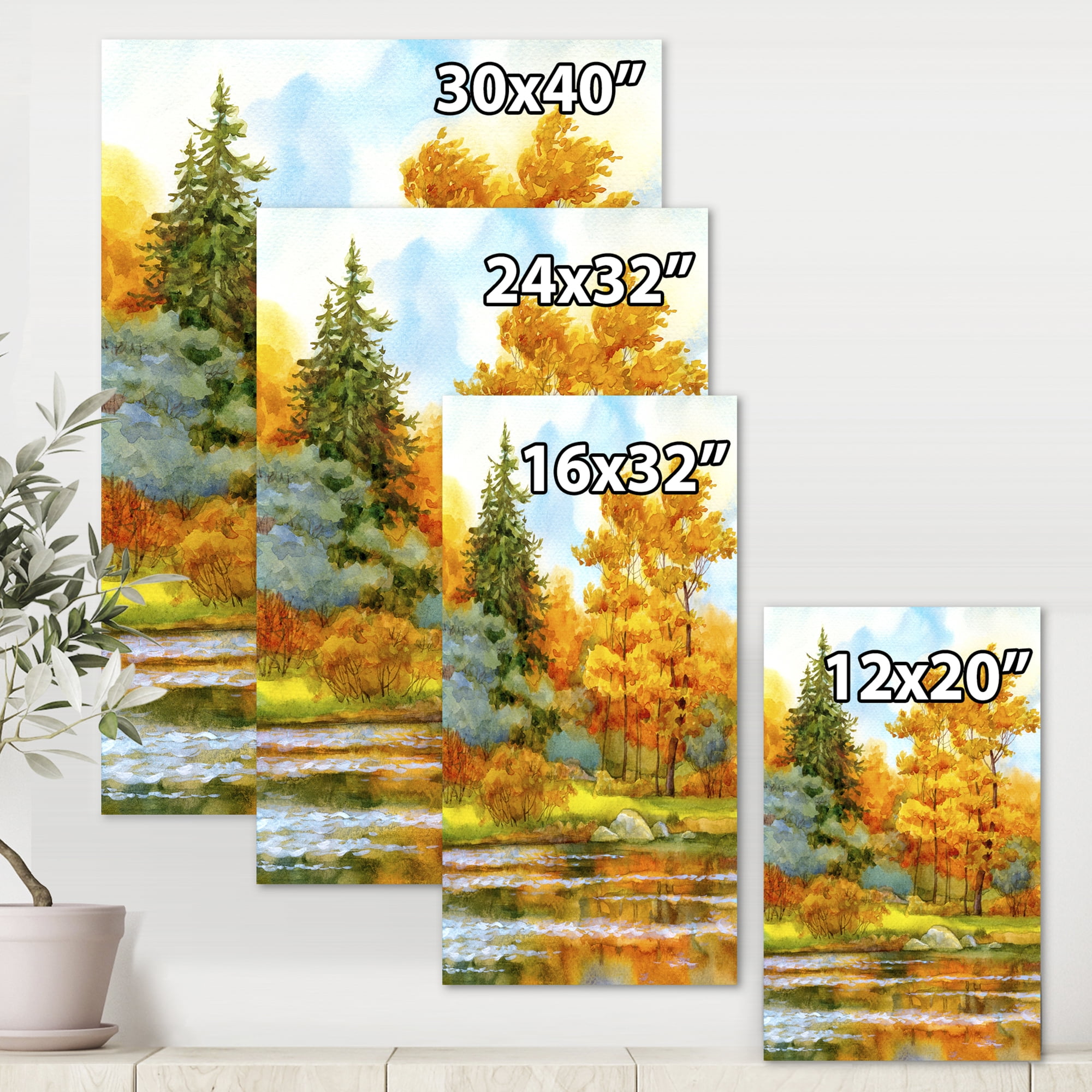 Designart ' Autumn Forest By The Lake Side I ' Lake House Canvas Wall Art Print