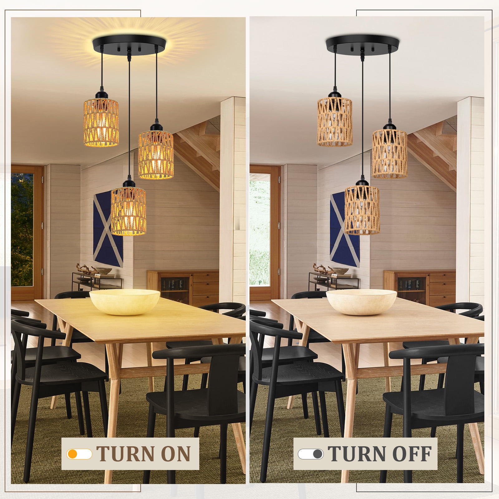 DONGPAI Rattan Farmhouse Pendant Lights for Kitchen Island, Boho Hand-Woven Lamp Shade Kitchen Hanging Lights Ceiling Light Fixture for Kitchen, Dining Room, Foyer & Entryway