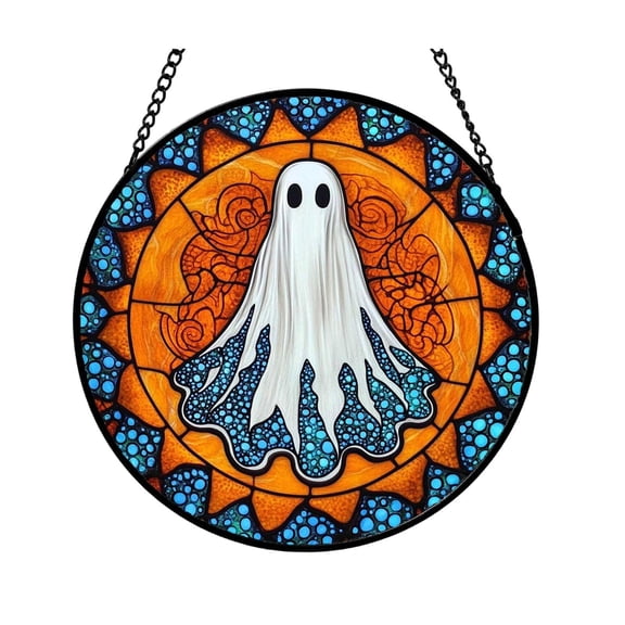 Stained Glass Suncatcher Ghost Pattern Halloween Hanging Decor for Indoor Window Home Party Decoration