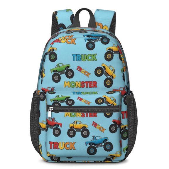 Monster Cartoon Truck Blue Pattern 17" School Backpacks for Teens,Waterproof Oxford Fabric,S-Shape Padded Straps for School,Travel,Hiking,Camping