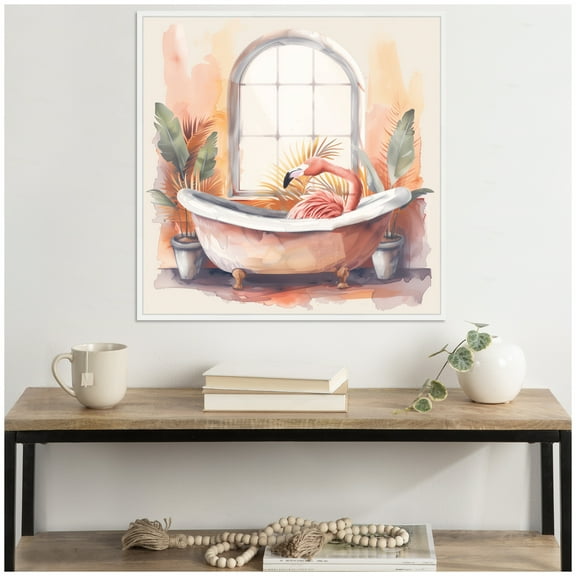 Kate and Laurel Sylvie Flamingo Bath Pastel Tropical Bathroom Watercolor Framed Canvas Wall Art by The Creative Bunch Studio 30 x 30 White, Whimsical, Bathroom, Animal Art for Wall Decor, Living Room