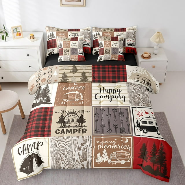YST Rv Short King Comforter For Camper Happy Camping Bunk Bed In A Bag 7 Piece Camper Accessories Bedding For Travel Trailers,Patchwork Buffalo Plaid Pine Tree Arrow Bed Set Red Brown