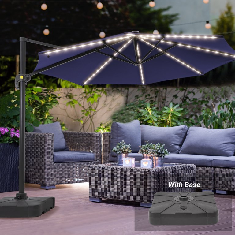 11 ft patio umbrella frame FLAME&SHADE 11ft Offset Patio Umbrella,Solar Power Round Canopy Umbrella  with Aluminum Frame and Base/Stand for Garden,Poolside and Market,Navy Blue