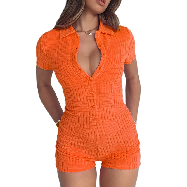 VISgogo Mono para Mujer, Manga Corta Color Sólido Rayas Texturizadas Slim Fitting Body Short Playsuit VISgogo moda