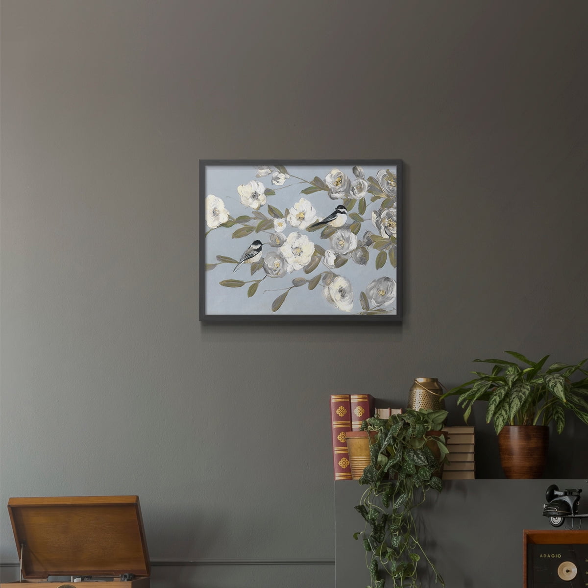 Chickadees and Blossoms I by Sally Swatland - Restickable Framed Giclée Print