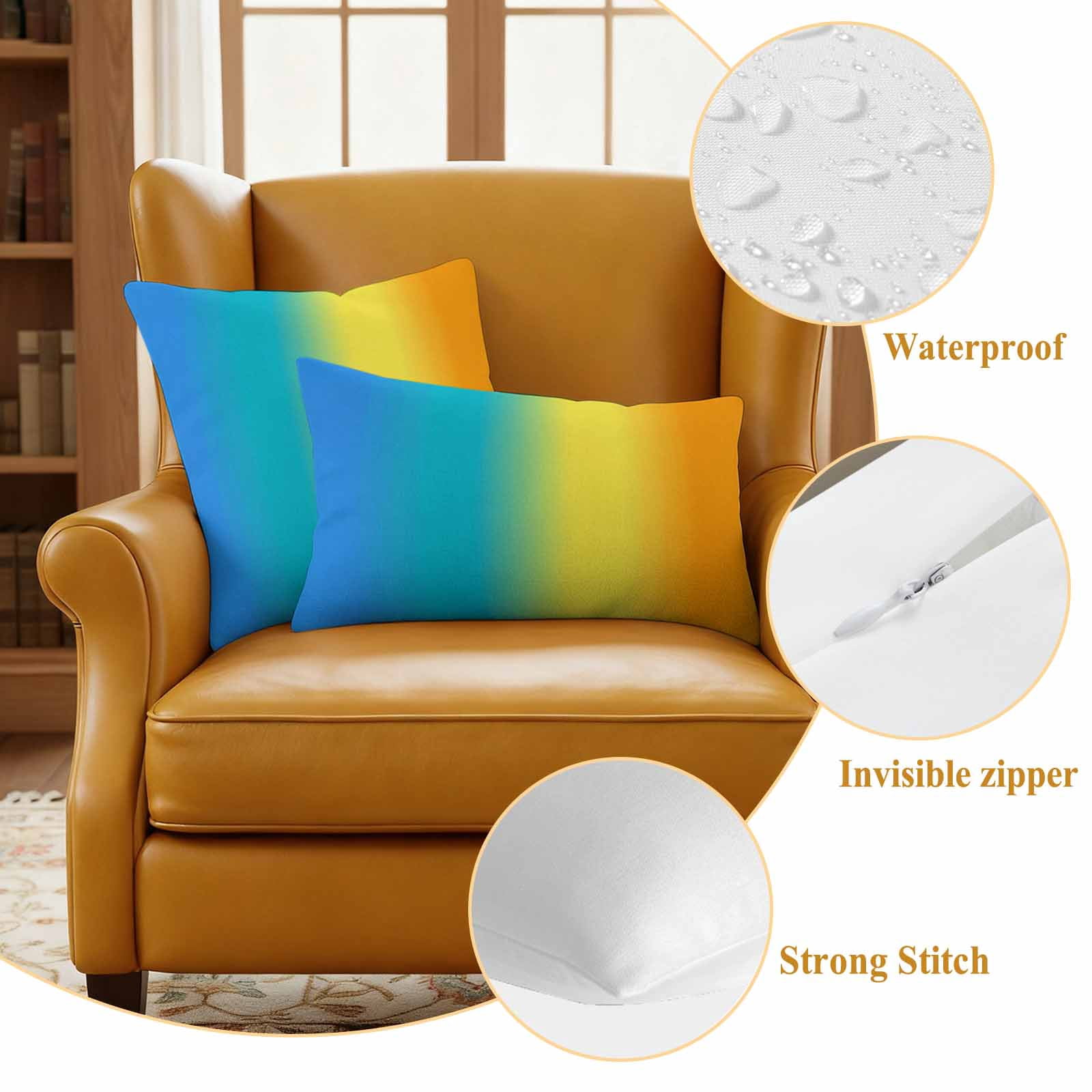 Rainbow Ombre Outdoor Waterproof Throw Pillow Covers 20x12 Set of 2, Orange Blue Gradient Colorful Modern Art Decorative Pillowcases Cushion Pillowcase for Couch Sofa Patio Outside Pillow Protector