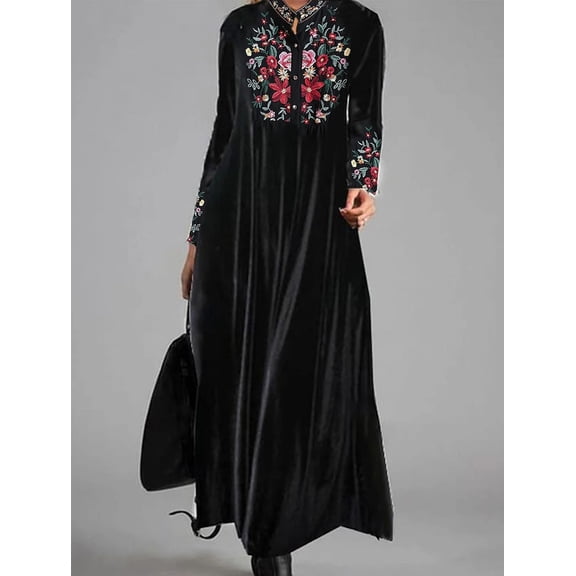 Women’s Black Velvet Maxi Dress Stand Collar Long Sleeve Dress with Red Multicolored Floral Embroidery and Hidden Pockets