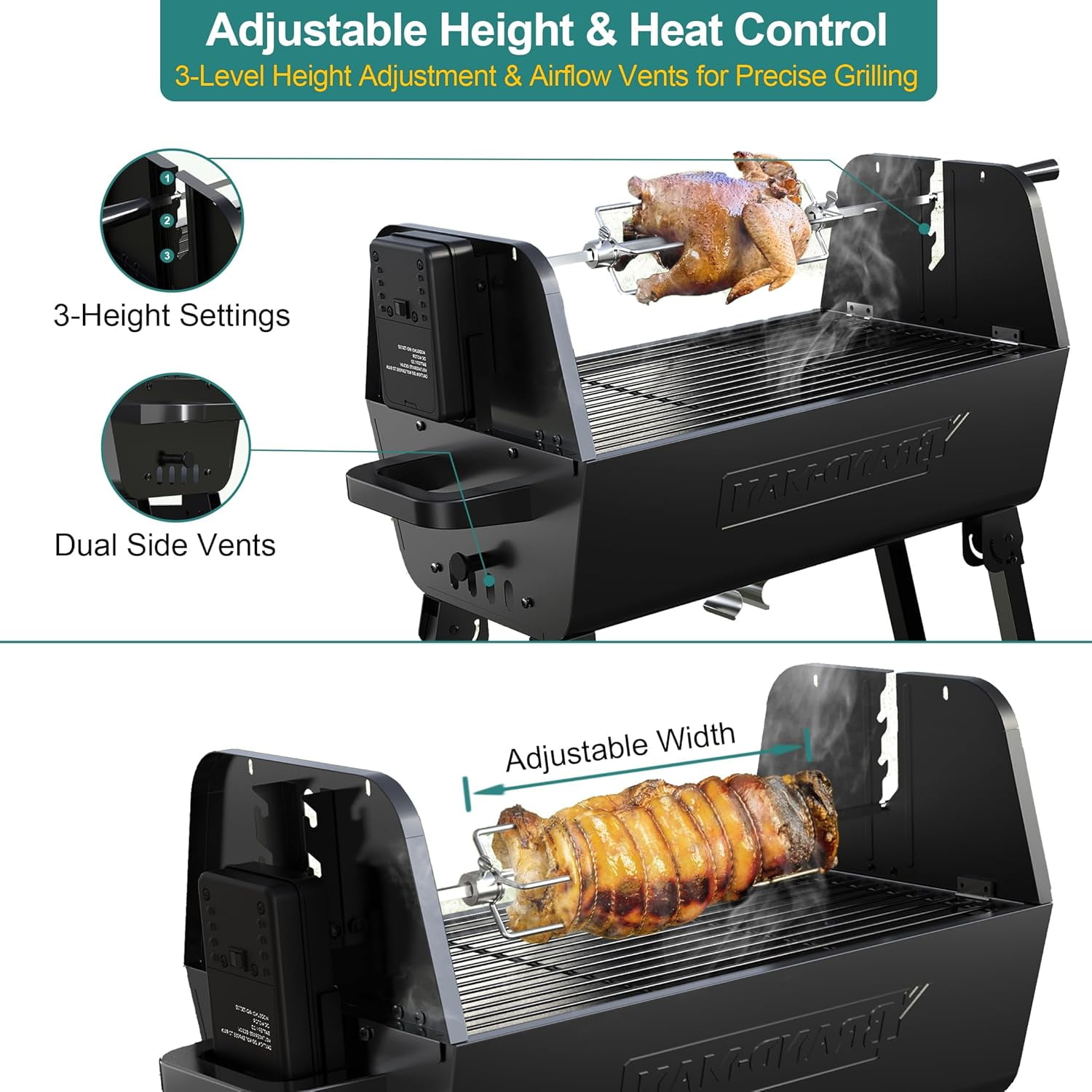 Brandman Grills Portable 2-in-1 Charcoal Rotisserie Grill with Spit Roaster & Motor, BBQ Outdoor Cooking