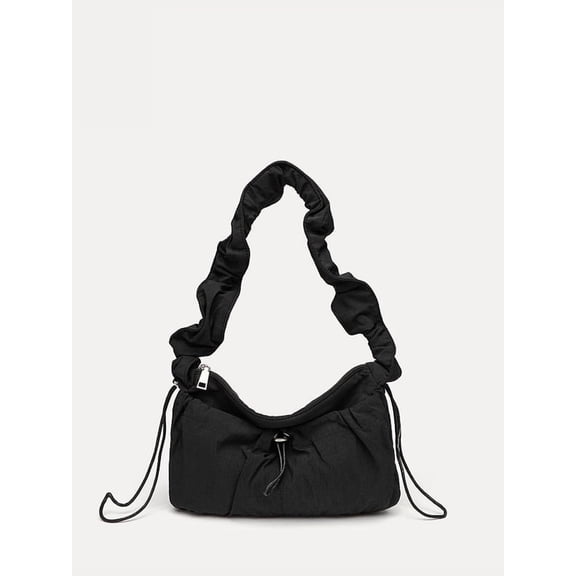 Alikpop Ruched Nylon Hobo Shoulder Bag, Ultra-Light Drawstring Crossbody Purse for Women, Black