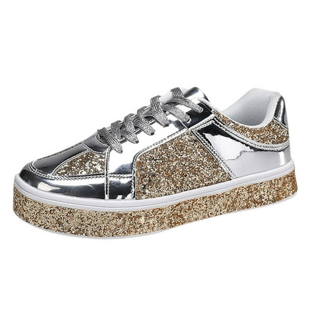Fauean Shoes for Women Color Block Sneakers Fashion Low Top Lace up Shoes Daily Wear Silver Size 40