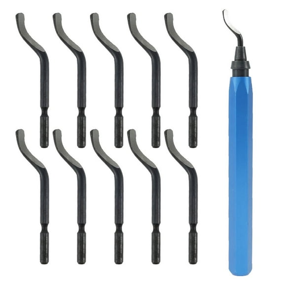 11pcs Deburring Tool Kit High Speed Steel 360° Rotary Burr Removal Tool Professional Burr Deburring Cutter with 1pc Anti-Slip Handle and 10pcs HSS Blades for Wood Metal Plastic PVC Fiber