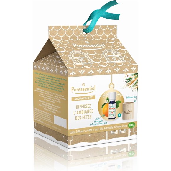 Puressentiel Mon Kit de Diffuseur en Bois, Kit de Diffuseur 2 Pcs - Diffuseur d'Huiles Essentielles avec Huile Essentielle d'Orange Douce - Frais, Fruité et Léger - Apaisant et Relaxant - Parfum Diffus de la Saison des Fêtes