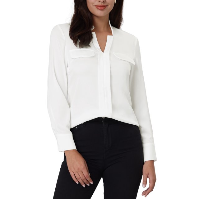 Unique Bargains Blouse de Travail à Manches Longues Plissée Col en V pour Femmes Blanche S