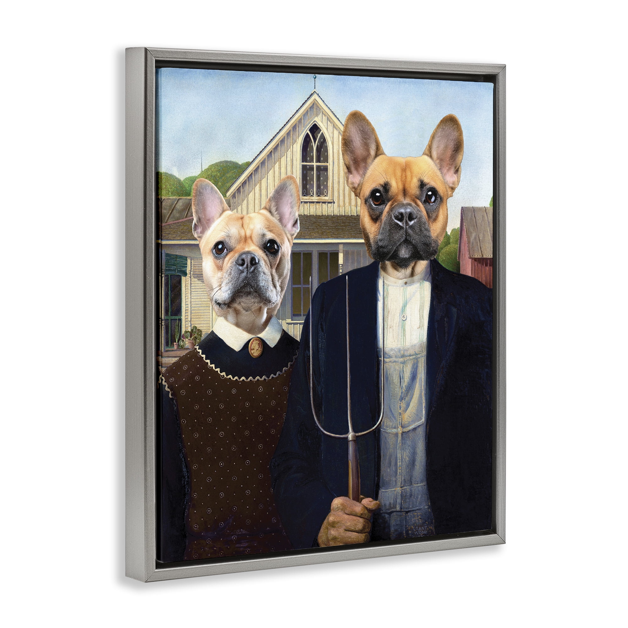 Stupell Industries French Bulldogs Iconic Farmers Gray Framed Floater Canvas Wall Art, design by Grotto Studios