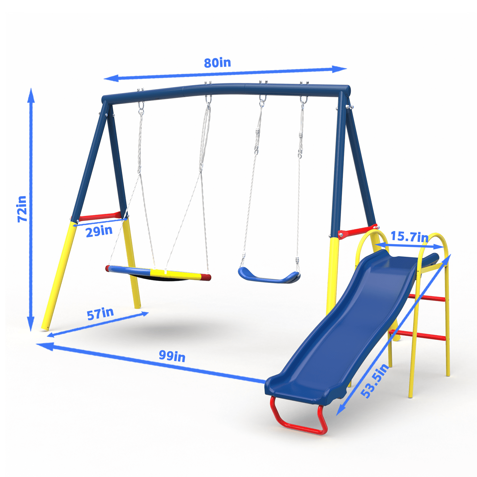 Aukfa Amictoy 3-in-1 Swing Set, Heavy-Duty Backyard Swing Set with 32" Saucer Swing, Belt Swing & Slide for Kids, Outdoor Playground, Blue