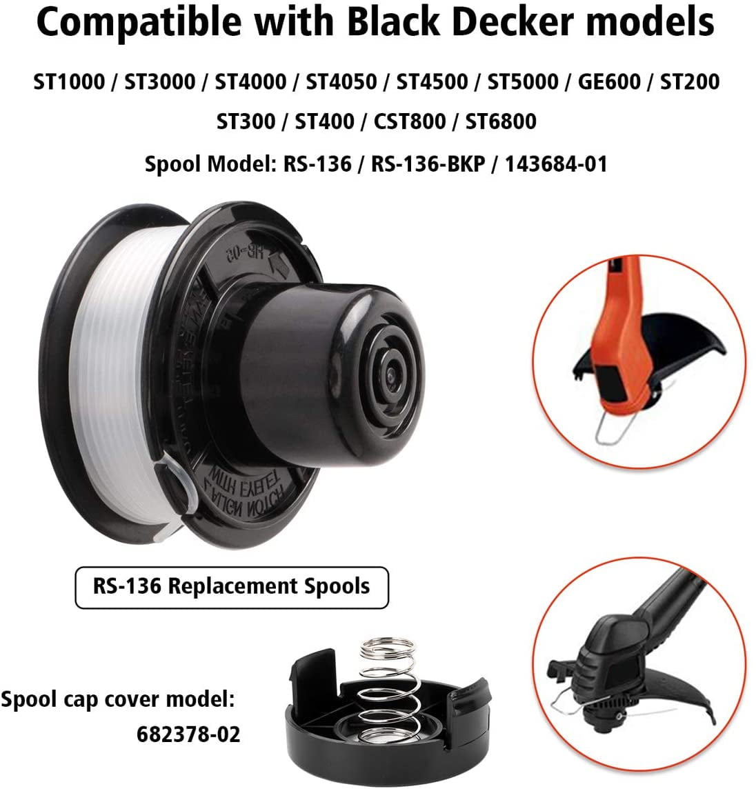 6 Pack RS 136 Weed Eater String for .065, 20ft Black Decker String Trimmer  Replacement Line Spool for ST4500, ST4000, RS 136 BKP, 143684 01 Spool