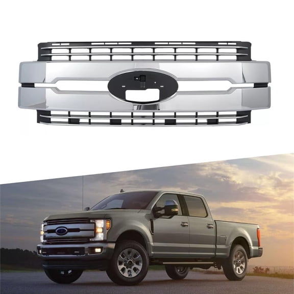 ONEPI Front Grill Compatible with Ford F-250/F-350/F-450 Super Duty 2017 2018 2019 Models, W/ Chrome Trim, No Emblem