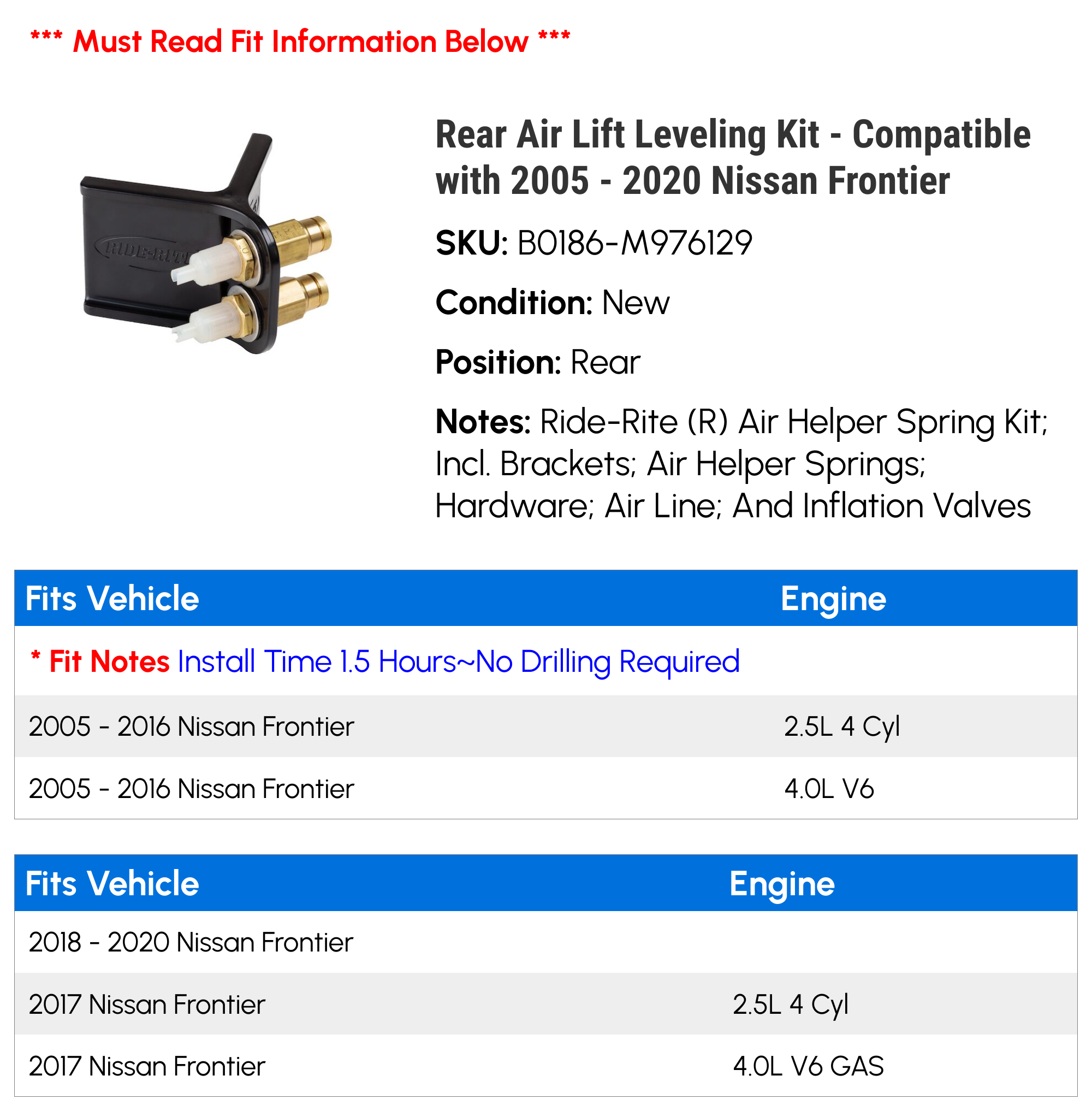 Rear Air Lift Leveling Kit - Compatible with 2005 - 2020 Nissan Frontier 2006 2007 2008 2009 2010 2011 2012 2013 2014 2015 2016 2017 2018 2019