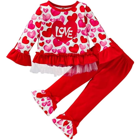 

Zukuco Toddler Kids Baby Girl Christmas Outfit Cute Heart Print T-Shirt Tops Flare Pants Bell Bottoms Clothes Set