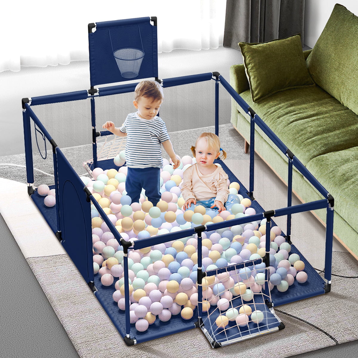 LiuSuper Large Baby Playpen with Basketball Frame Portable Safety Toddlers Playards Fence Kids Ball Pit with Breathable Mesh for Indoors Outdoors 