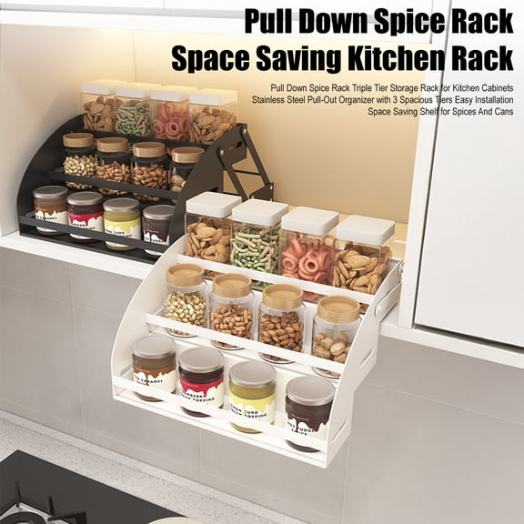 Pull Down Spice Rack 3-Tier Pull Out Spice Organizer Inside Cabinets Space Saving Storage Shelf for Kitchen Upper Cabinet Spice Jars Cans
