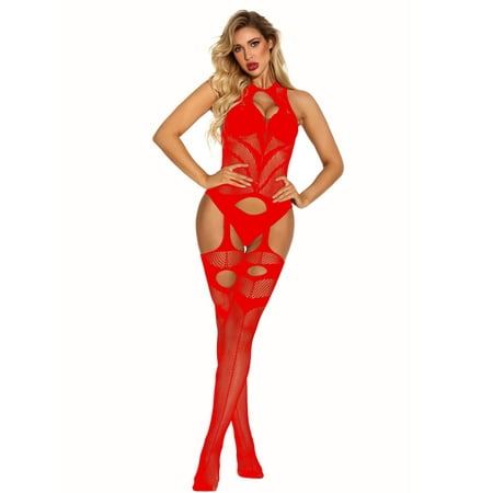 

Uorcsa Tights Halterneck See Through Erotic Bodysuit Open Crotch Hollow V Neck Women Temptation Lingerie Sets Red