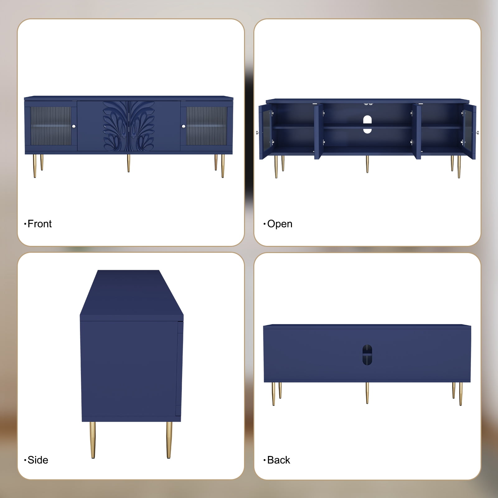HLR 63" Modern Wood TV Stand with 3D Flower Pattern for TV Up To 75", Entertainment Center with Storage, Navy Blue