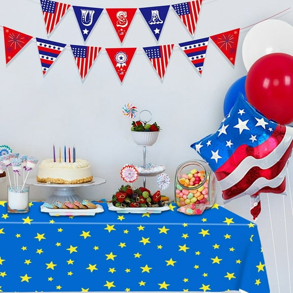 GFHFHITJ Patriotic Tablecloth, 108×54 Inch Plastic Table Cover for 4th of July Independence Day, Waterproof Stars Tablecloth for Patriotic Themed Party Supplies