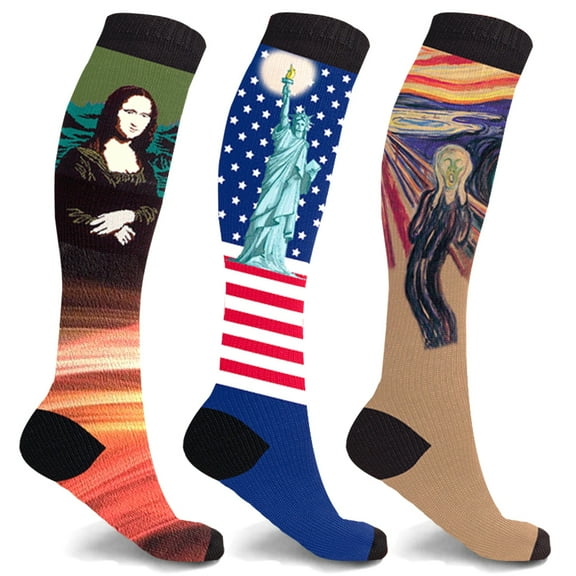 3-Pair Compression socks Knee High for Men and Women - Made for Walking, Standing and Travel - Art Edition