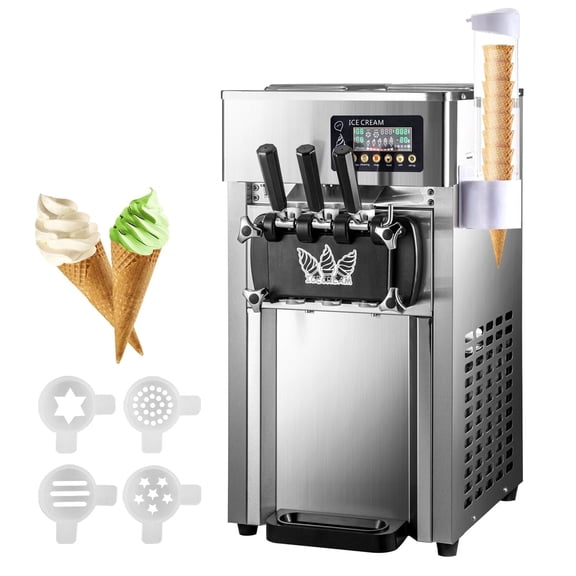 SHUNJITAI Commercial Soft Ice Cream Maker, Countertop, 2 1 Flavors, 18L/5Gal per Hour, Double 3L Hoppers, 304 Stainless Steel, One-Click Cleaning