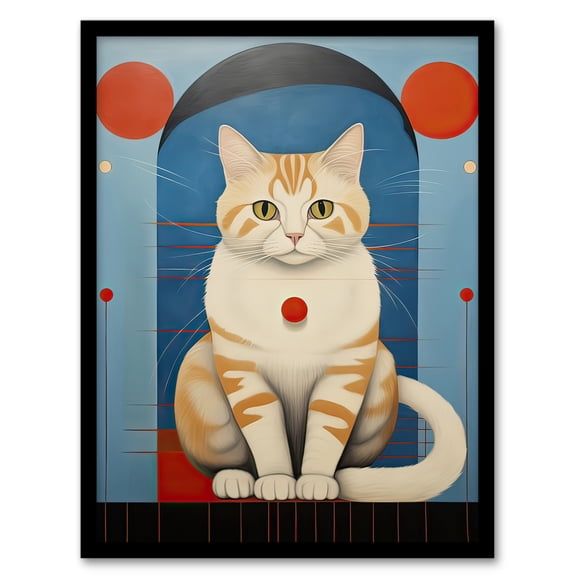 Cat Hypnotist Oil Painting Orange Red Blue Perched on Window Sill Surreal Portrait Art Print Framed Poster Wall Decor 12x16 inch