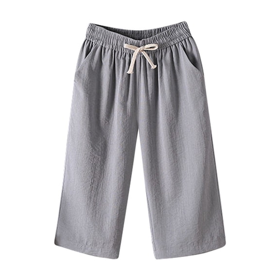 DHFJKG Capri Pants For Women Summer Athletic Solid Color Drawstring Waist Lightweight Loose Fit Straight Leg Cropped Pants Comfy Trousers