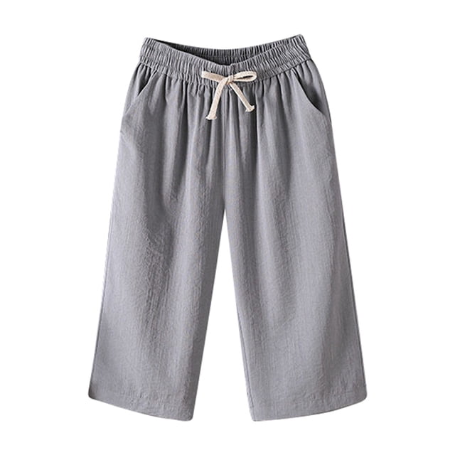 Women's Summer Solid Color Drawstring Pocket Elastic Waist Casual Cropped Pants - Fashionable, for Daily Use