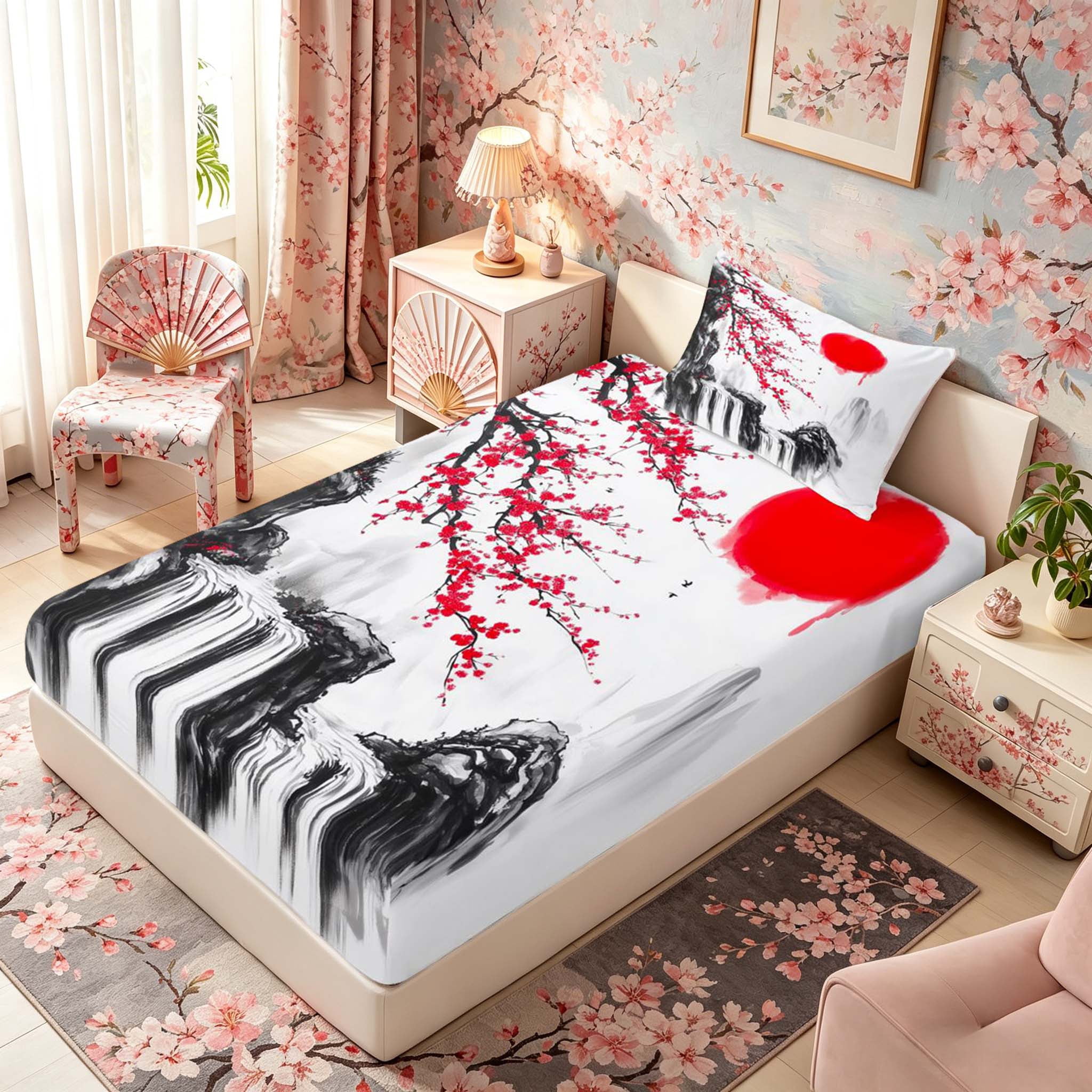 Manfei Ink Waterfall Twin Sheet Sets for Home, Plum Sun Bedding for Office, Black Red White 3-Piece, 1 Flat Sheet, 1 Fitted Sheet and 1 Pillowcase