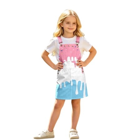 Glisme Girls Dress Crewneck Graphic Prints Overall Dresses With Pocket Sleeveless Lightweight Little Girls Playsuit 6-7 Years Sky Blue