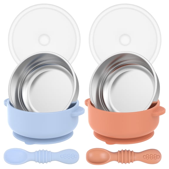 2 Pcs Baby Bowl with 2 Silicone Spoons Stainless Steel Toddler Bowl with Removable Silicone Shell for Baby Food Feeding Dishwasher Safe