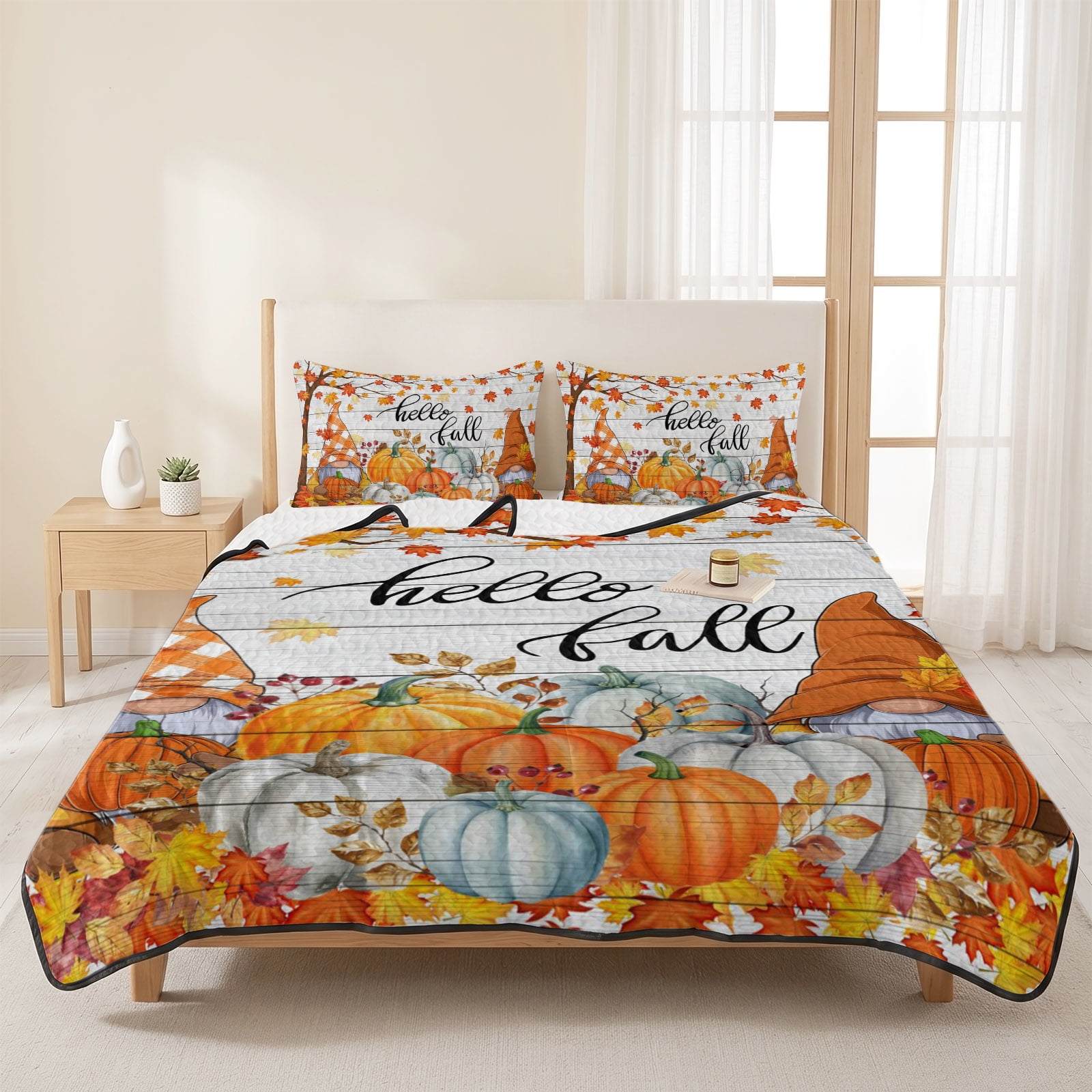King Quilts Bedding Set Thanksgiving Maple Leaf Farm Gnome Soft Warm Quilted Bedspread Comforter with Pillow Shams Fall Pumpkin Retro Plank All Season Coverlet Bed Decor Blankets