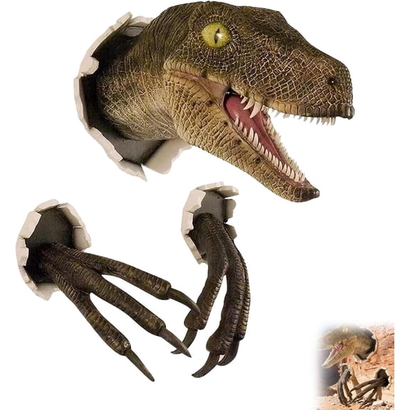 3D Dinosaur Wall Decor, Velociraptor Bust Wall Mount with Wall-Bursting Design, Resin Statue for Bedroom, Office, Game Room & Man Cave(XX)
